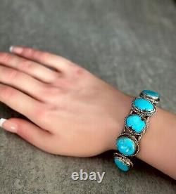 OLD Vintage Native American Navajo 5 Turquoise Sterling silver Bracelet