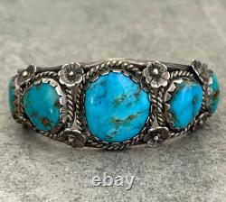 OLD Vintage Native American Navajo FIVE Turquoise FLOWER Sterling Bracelet 62.5g