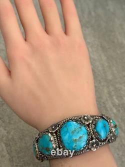 OLD Vintage Native American Navajo FIVE Turquoise FLOWER Sterling Bracelet 62.5g