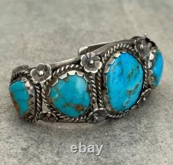 OLD Vintage Native American Navajo FIVE Turquoise FLOWER Sterling Bracelet 62.5g