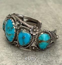 OLD Vintage Native American Navajo FIVE Turquoise FLOWER Sterling Bracelet 62.5g