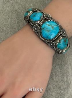 OLD Vintage Native American Navajo FIVE Turquoise FLOWER Sterling Bracelet 62.5g