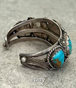 OLD Vintage Native American Navajo FIVE Turquoise FLOWER Sterling Bracelet 62.5g
