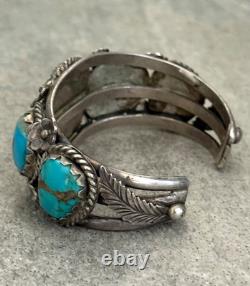 OLD Vintage Native American Navajo FIVE Turquoise FLOWER Sterling Bracelet 62.5g