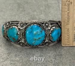 OLD Vintage Native American Navajo FIVE Turquoise FLOWER Sterling Bracelet 62.5g