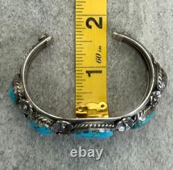 OLD Vintage Native American Navajo FIVE Turquoise FLOWER Sterling Bracelet 62.5g