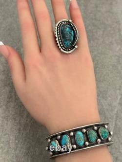 OLD Vintage Native American Navajo FIVE Turquoise Sterling silver Bracelet 50g