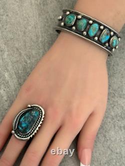 OLD Vintage Native American Navajo FIVE Turquoise Sterling silver Bracelet 50g