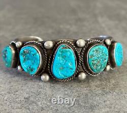 OLD Vintage Native American Navajo FIVE Turquoise Sterling silver Bracelet 53+g