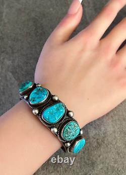 OLD Vintage Native American Navajo FIVE Turquoise Sterling silver Bracelet 53+g