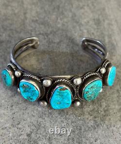 OLD Vintage Native American Navajo FIVE Turquoise Sterling silver Bracelet 53+g