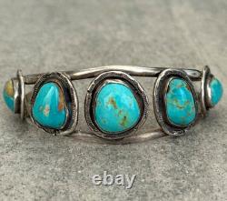 OLD Vintage Native American Navajo FIVE Turquoise Sterling silver Bracelet 6.5in