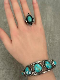 OLD Vintage Native American Navajo FIVE Turquoise Sterling silver Bracelet 6.5in