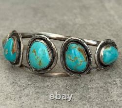 OLD Vintage Native American Navajo FIVE Turquoise Sterling silver Bracelet 6.5in