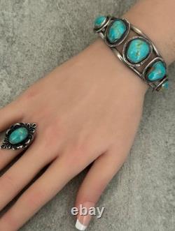 OLD Vintage Native American Navajo FIVE Turquoise Sterling silver Bracelet 6.5in