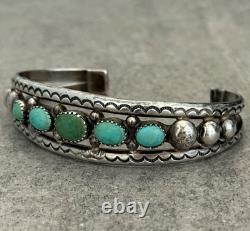 OLD Vintage Native American Navajo FIVE Turquoise Sterling silver Bracelet 7