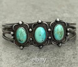 OLD Vintage Native American Navajo THREE Turquoise Silver Bracelet 6.3 in OLD Vintage Native American Navajo THREE Turquoise Silver Bracelet 6.3 in