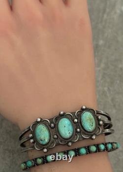 OLD Vintage Native American Navajo THREE Turquoise Silver Bracelet 6.3 in