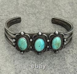 OLD Vintage Native American Navajo THREE Turquoise Silver Bracelet 6.3 in