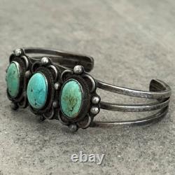 OLD Vintage Native American Navajo THREE Turquoise Silver Bracelet 6.3 in