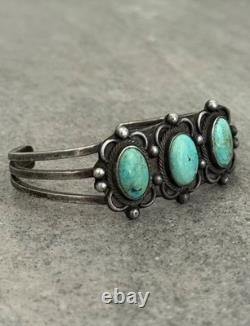 OLD Vintage Native American Navajo THREE Turquoise Silver Bracelet 6.3 in