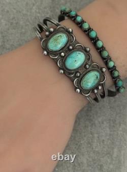 OLD Vintage Native American Navajo THREE Turquoise Silver Bracelet 6.3 in