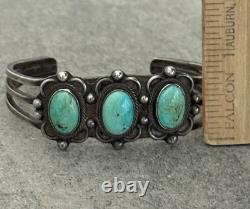 OLD Vintage Native American Navajo THREE Turquoise Silver Bracelet 6.3 in
