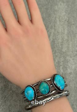 OLD Vintage Native American Navajo THREE Turquoise Sterling Bracelet 32.5g