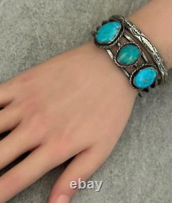 OLD Vintage Native American Navajo THREE Turquoise Sterling Bracelet 32.5g