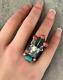 OLD Vintage Native American Navajo TURQUOISE CORAL FLOWER VASE Sterling RING 6.5