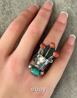 OLD Vintage Native American Navajo TURQUOISE CORAL FLOWER VASE Sterling RING 6.5