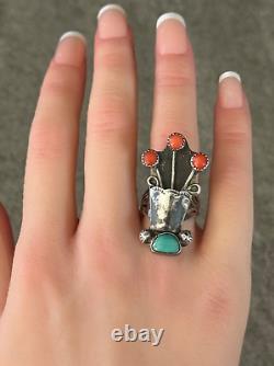 OLD Vintage Native American Navajo TURQUOISE CORAL FLOWER VASE Sterling RING 6.5
