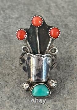 OLD Vintage Native American Navajo TURQUOISE CORAL FLOWER VASE Sterling RING 6.5