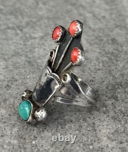 OLD Vintage Native American Navajo TURQUOISE CORAL FLOWER VASE Sterling RING 6.5