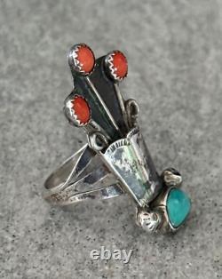 OLD Vintage Native American Navajo TURQUOISE CORAL FLOWER VASE Sterling RING 6.5