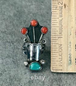 OLD Vintage Native American Navajo TURQUOISE CORAL FLOWER VASE Sterling RING 6.5