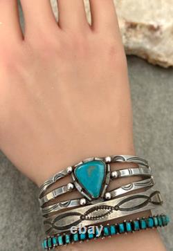 OLD Vintage Native American Navajo Triangle Turquoise Silver Bracelet 6.75 in