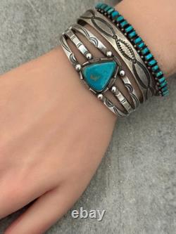 OLD Vintage Native American Navajo Triangle Turquoise Silver Bracelet 6.75 in