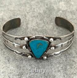 OLD Vintage Native American Navajo Triangle Turquoise Silver Bracelet 6.75 in