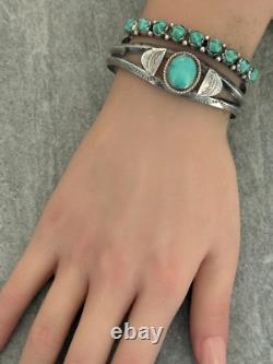 OLD Vintage Native American Navajo Turquoise Carinated Stamped Sterling Bracelet