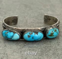 OLD Vintage Native American Navajo Turquoise Carinated Sterling Bracelet 46g