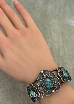 OLD Vintage Native American Navajo Turquoise Carinated Sterling Bracelet 6.25 in