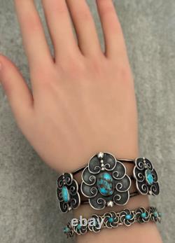 OLD Vintage Native American Navajo Turquoise Carinated Sterling Bracelet 6.25 in