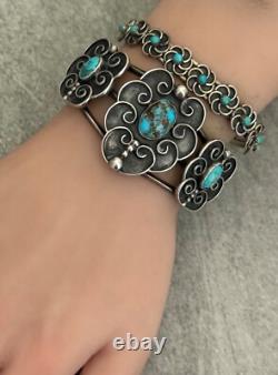 OLD Vintage Native American Navajo Turquoise Carinated Sterling Bracelet 6.25 in