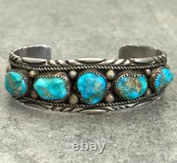OLD Vintage Native American Navajo Turquoise Chiseled Sterling Bracelet 7 in