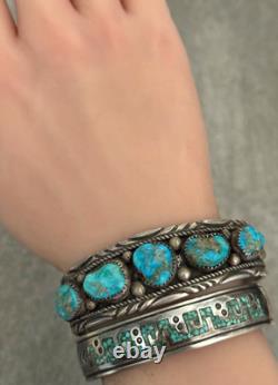 OLD Vintage Native American Navajo Turquoise Chiseled Sterling Bracelet 7 in