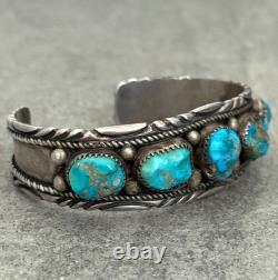 OLD Vintage Native American Navajo Turquoise Chiseled Sterling Bracelet 7 in