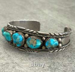OLD Vintage Native American Navajo Turquoise Chiseled Sterling Bracelet 7 in