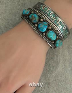 OLD Vintage Native American Navajo Turquoise Chiseled Sterling Bracelet 7 in