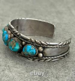 OLD Vintage Native American Navajo Turquoise Chiseled Sterling Bracelet 7 in